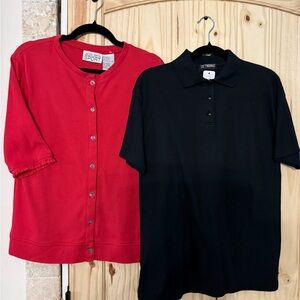 2 ladies tops, Liz Thomas black polo, Jaclyn Smith red short sleeve cardigan